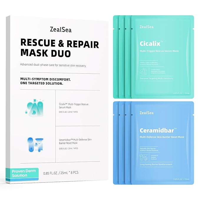 ZealSea Cicalix & Ceramidbar Face Masks Skincare, All-in-one Proven Derm Solution Facial Mask for Visibly Soft | Plump | Quenching | Anti-aging, Soothing & Refreshing, Strengthen & Restore, 4+4 Duo