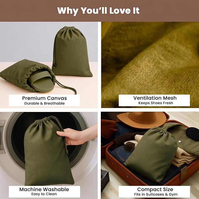 LFH Cotton Rich Shoe Storage Bags with Drawstring, Breathable Dustproof Reusable Shoe Organizer for Travel, Gym, Dorm, Hotel, Easy Carry Machine Washable 12"x17" (Pack of 2), Military Green - Image 4