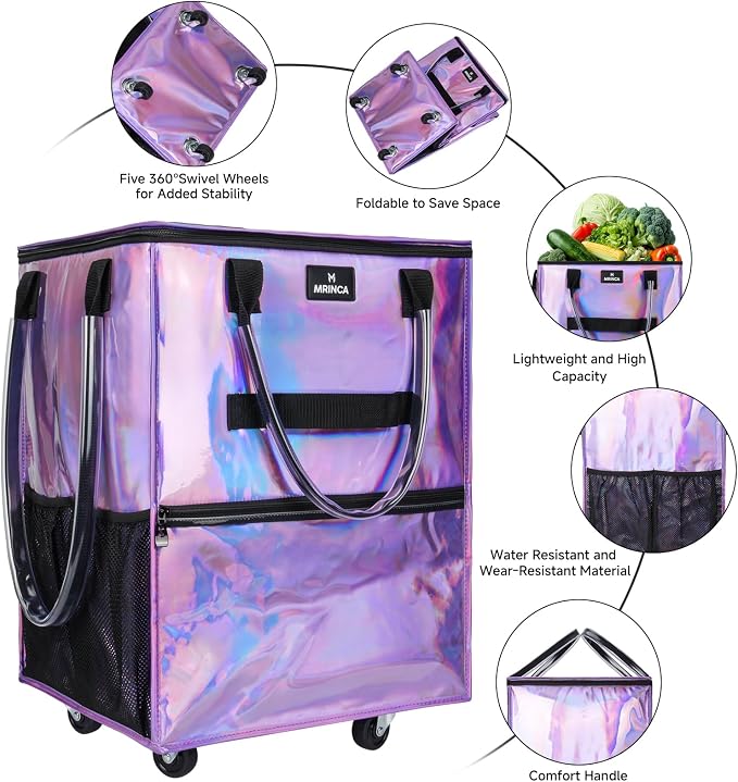 Reusable Grocery Bag on Wheels, Foldable Rolling Tote Bag, Water-Resistant, Zipper Top, Heavy Duty Handle, Lightweight Strong Capacity, Collapsible Portable Shopping Cart, Medium Gradient Purple - Image 5