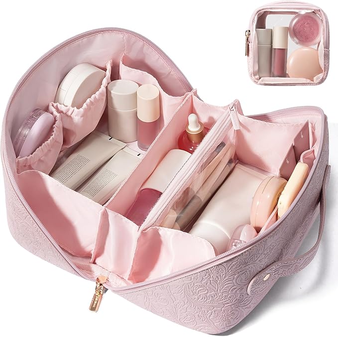 LOVEVOOK Travel Makeup Bag for Women, 2Pcs Large Capacity Cosmetic Organizer Bag, Waterproof PU Leather, Flat Open Portable Small Toiletry Pouch for Skincare, Brushes & Travel Essentials by LOVEVOOK