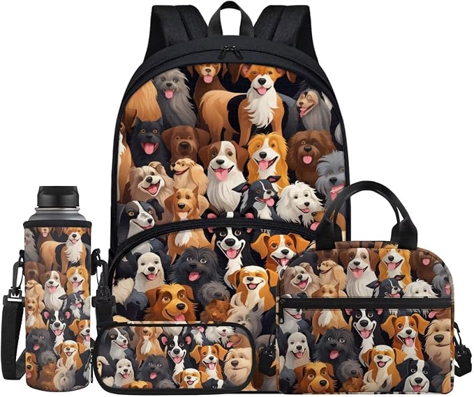 Adorable Dog Backpack for School，4Piece Cartoon Dog Face Print Schoolbag with Lunch Box and Pencil Case，Water Bottle Carrier Bag,Large Capacity 17Inch Child Backpack for Boys Girls by FUIBENG