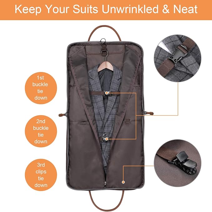S-ZONE Carry on Garment Bag for Business Travel Canvas Leather Men Suit Cover | Leather Handle Straps, Multi-Pocket, Removable Shoulder strap, Trolley Sleeve, for Gym or Daily Use - Image 2