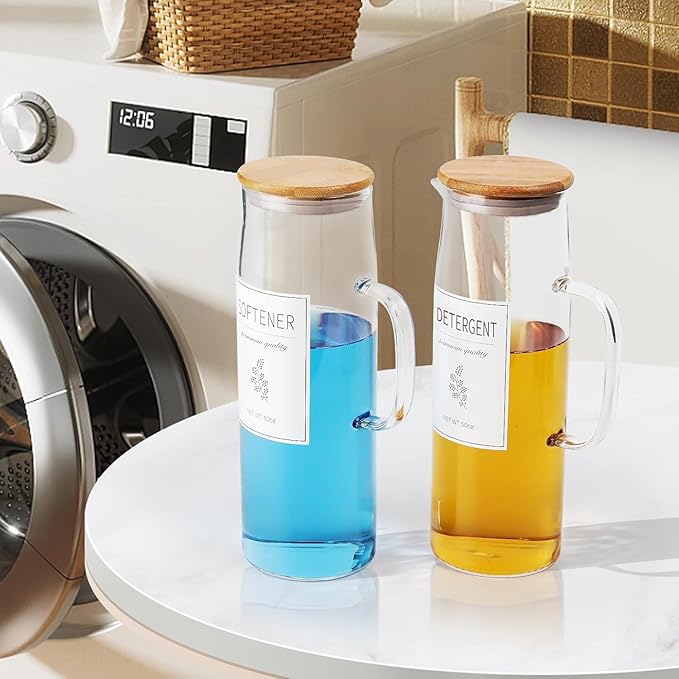 Laundry Detergent Dispenser Set with Bamboo Lids and Handles - Easy Pour 3 Pack 50 oz Liquid Laundry Containers for Laundry Room Organization and Storage - Image 2