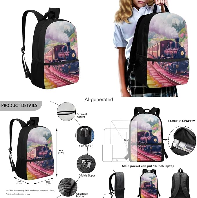 Pink Train Backpacks for Teen Girls for High School with Lunch Bag Large Capacity Lightweight Preschool Kindergarten Bookbag for Students Fashion Trend Backpack Set Daypack - Image 3