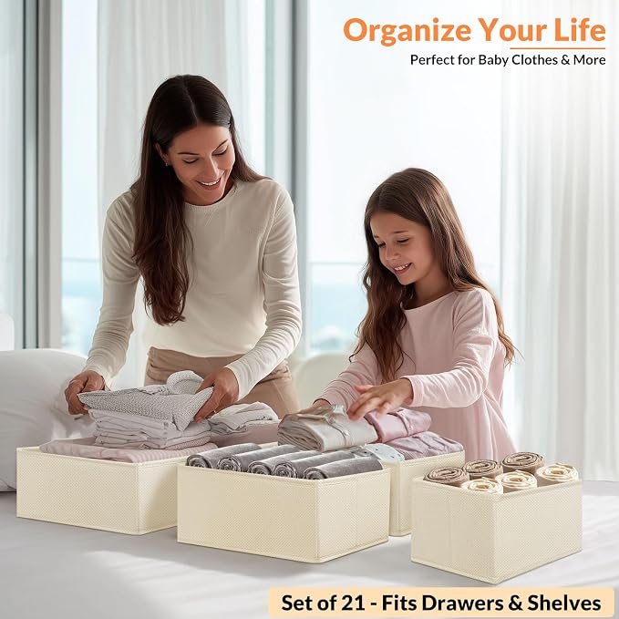 FANS-ONE Drawer Organizer Clothes - 21 Pack 3 Size, Light Beige | Foldable, Dresser Organizer for Baby Clothes, Underwear, Socks, Storage Bins for Nursery, Bedroom - Image 7