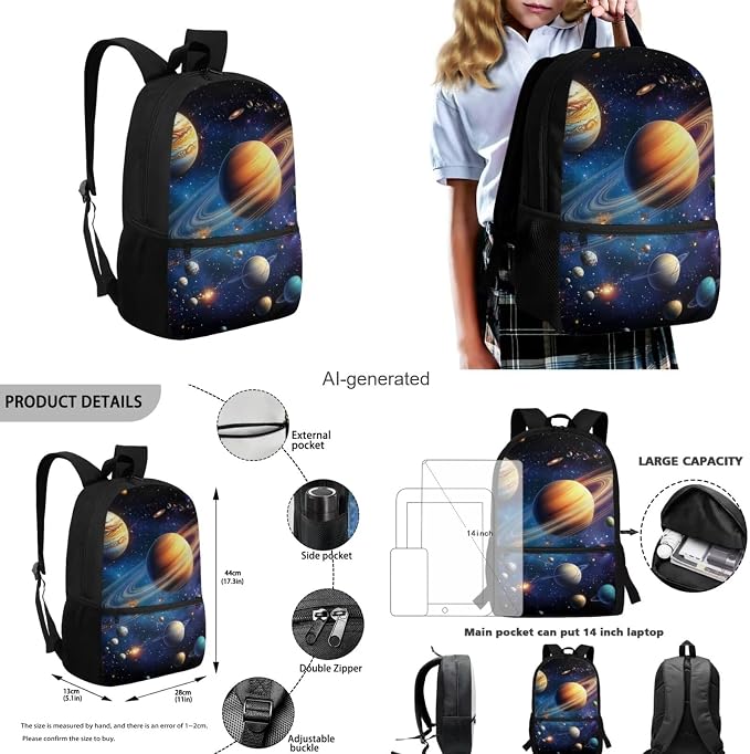 Galaxy Space Backpack for Boys Kids Backpack with Lunch Box Water Bottle Carrier and Fabric Pencil Pouch 4PCS Set 17" Bookbag with Front Pocket Sturdy School Bag with Side Pocket for Girls - Image 3