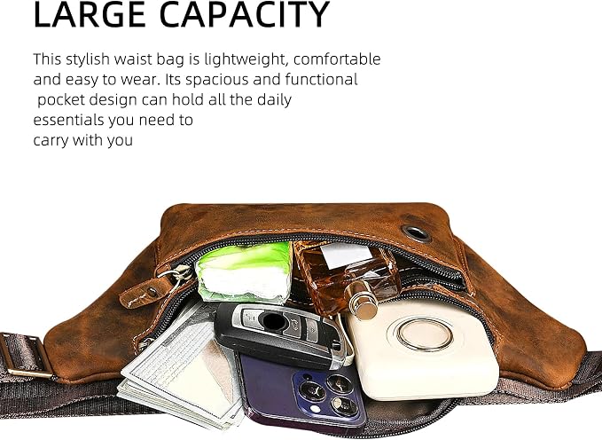 Water Resistant Canvas + Leather Hiking Riding Travel Fanny Waist Pack Small Phone Pouch For Men Women FB811-29 (W-8138-Brown) - Image 6