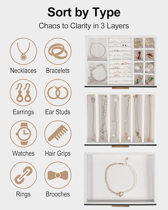 GUOER Jewelry Box for Women, Glass Lid Jewelry Organizer with 3 Drawers PU Jewelry Storage Case for Necklaces Rings Earrings Bracelets, Black - Image 4