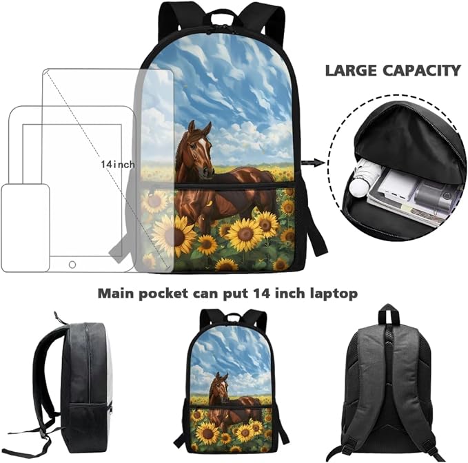 Fashion Backpack Set Sunflower Horse Print Large Capacity Schoolbag Lunch Box Pencil Case 17 Inch Travel Laptop Backpacks Lightweight Rucksack Casual Daypack for Camping - Image 3