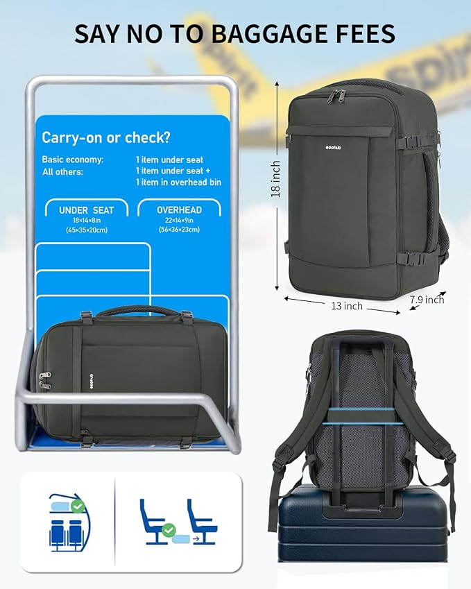 ECOHUB Travel Backpack for Men Women, Carry on Backpack with USB Charging Hole, Spirit Airlines Personal Item Bag Flight Approved, 15.6 Inch Laptop Backpack with Anti Theft Pockets, 30L, Grey Green - Image 2