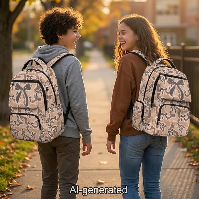 Camo Brown Bow 4 Piece School Bag Set for Kids, 17 Inch Lightweight Backpack with Lunch Bag, Pencil Case and Water Bottle Holder, Durable Multi-Pocket Bookbag - Image 2