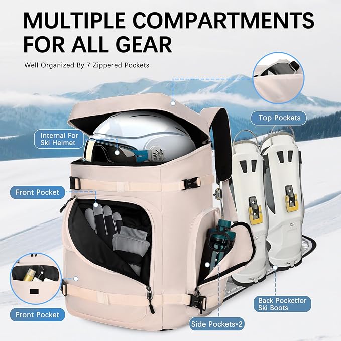 65L Waterproof Ski Boot Bag, Heavy Duty Snowboard Backpack for Helmet Goggles Gear, Air Travel Winter Sports Bag - Image 3