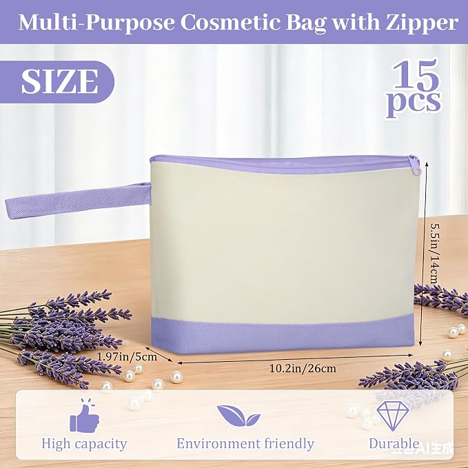 Silkfly 15 Pcs Cotton Canvas Makeup Bags Cosmetic Zipper Bags 10.2 x 5.5 x 2'' Blank DIY Pouch Bulk Pencil Case with Bottom Travel Toiletry Pouch for Women Craft Decor Gift (Beige and Light Purple) - Image 2