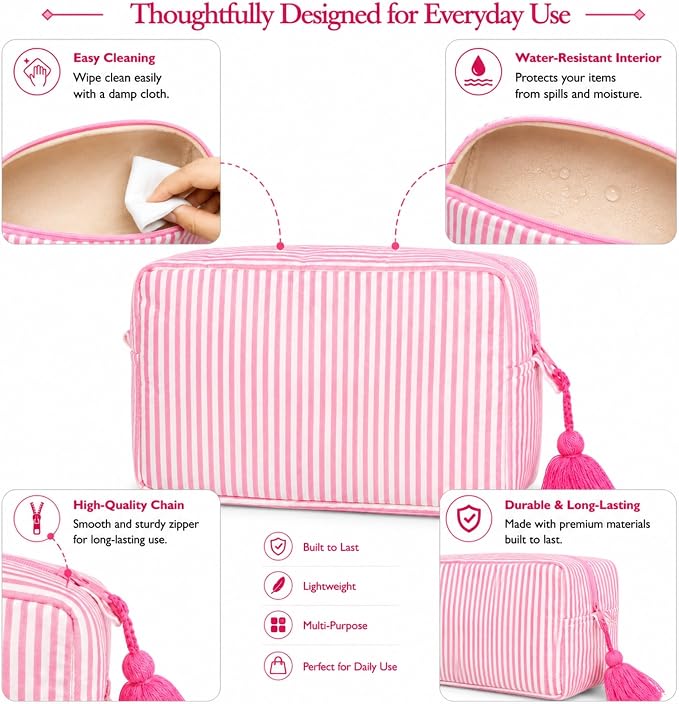 Huar Travel Makeup Bag- Large Capacity Cosmetic Bags for Women - Water Resistance Lining Portable Pouch & Open Toiletry Bag - Perfect Girls Makeup Organizer for Travel Essentials (Pink Stripe) - Image 3