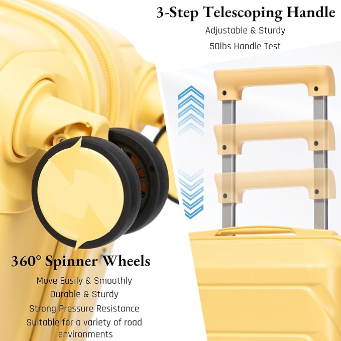 2-Piece ABS Hard Shell Lightweight Carry-On Luggage Set (14" & 20"), 360-Degree Spinner Wheels, Adjustable Telescopic Handle and Combination Lock for Travel, Yellow - Image 3