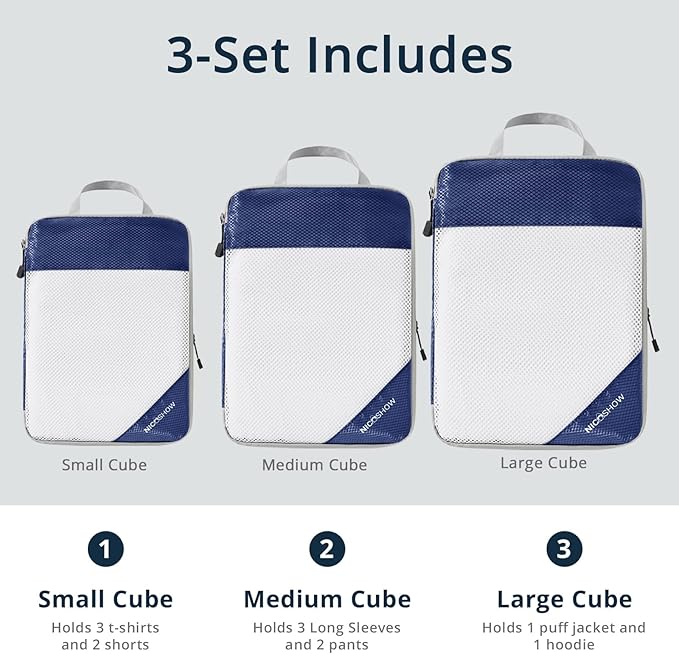 NICOSHOW 3 Set Compression Packing Cubes for Travel - Compressible, Lightweight, and Space-Saving Packing Cubes, Travel Essentials for Women, Navy - Image 3