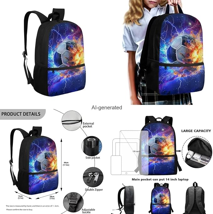 Galaxy Lightning Soccer Backpack for Boys Girls Backpack with Lunch Box Water Bottle Carrier and Large Pencil Case 4PCS Set Bookbag with Front Pocket for School 17 inch Sturdy School Bag - Image 3