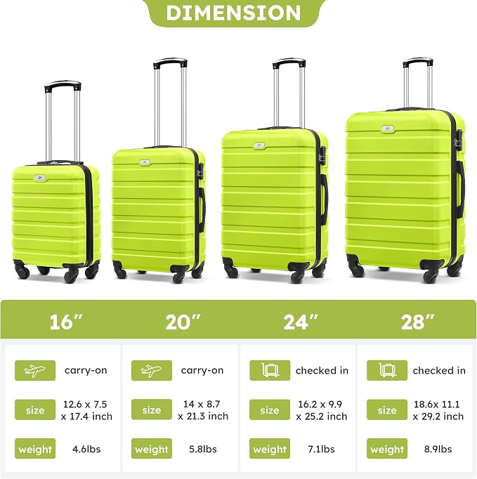 Suitour 4 Piece Luggage Sets, Hard Shell Suitcase Set with Spinner Wheels 16 20 24 28inch Travel Sets(Green) - Image 2