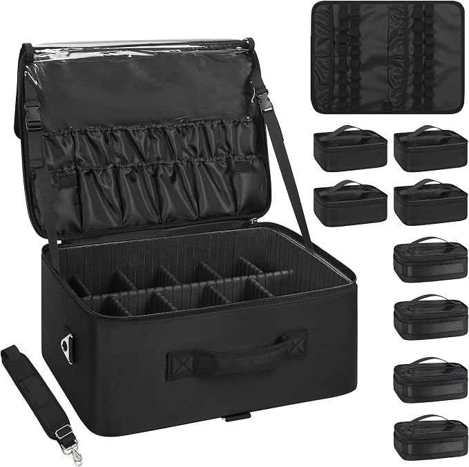 Relavel Extra Large Makeup Case Professional Cosmetic Storage Organizer Box Brush Holder with 8 Clear Set Bags & Lipstick Plate for Makeup Artists with Shoulder Strap & Adjustable Dividers by Relavel