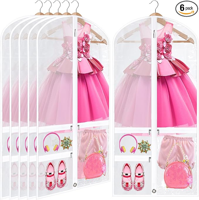 6 Pcs 24'' x 50'' Clear PVC Garment Bag Dance Costume Competition Bag with Rack Zippers Pockets Hanging Garment Covers Costume Organizer Costume Carrier for Adults Kids(White) by Suttmin