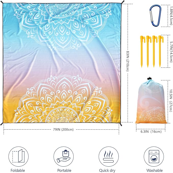 Beach Blanket Sandproof Extra Large Beach Mat Adults Waterproof Quick Drying Sand Free Mat Made by Premium Polyester with 4 Stakes & 4 Corner Pockets for Outdoor Travel Camping Hiking - Image 2