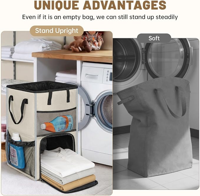 170L Laundry Backpack Bag with 3 Sizes Mesh Wash Bags Empty, Extra Large 2 in 1 Laundry Hamper Basket with Shoulder Straps, Freestanding Laundry Bag for College Dorm, Laundromat, Apartment (Beige) - Image 4