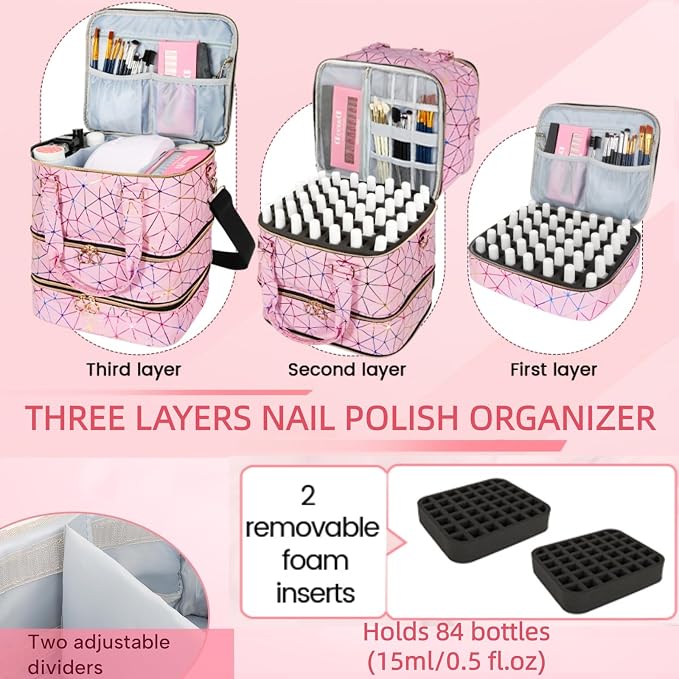 Nail Polish Organizer Bag Holds 84 Bottles & Nail Lamp, 3 Layers Nail Kit Storage Carrying Case Pu Leather, Large Nail Supplies Organizer With Shoulder Strap, Portable Travel Nail Bag,Pink - Image 2