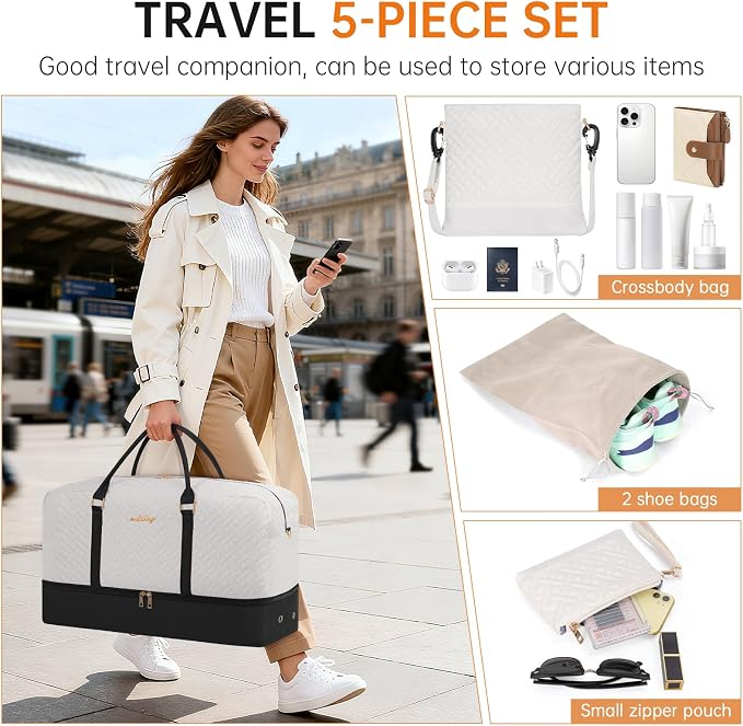 Weekender Bag for Women, 5 Pcs Set Carry on Overnight Bag, 21" Travel Duffel Bag with Waterproof Shoe Compartment for Weekend Travel Business Trip - Image 6