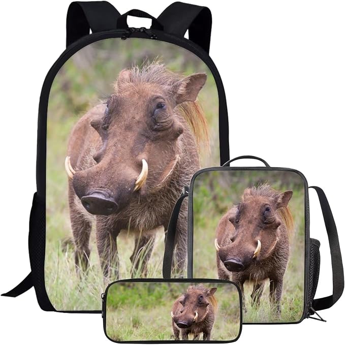 Kids Novelty Animal Backpack and Lunch Box for Boys Girls Student Lightweight 17 Inch School Warthog Backpack with Lunch Bag Pencil Case Kids Comfy Padded Black Large Bookbag by Parprinty