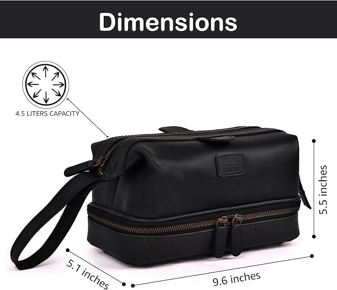 LEATHER VILLAGE Genuine Leather Dopp Kit – Large Travel Toiletry Bag with Waterproof Lining, Dual-Zip Design for Men & Women, Organizer for Shaving, Makeup & Essentials - Black - Image 5
