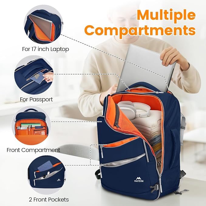 MATEIN Travel Personal Item Backpack, Carry on Bag with Shoe Compartment | 18×14×8, Under seat Backpack for Men & Women, For 17" Laptop Compartment, Filght Essentials, Tech Organizer, Water Resistant - Image 6