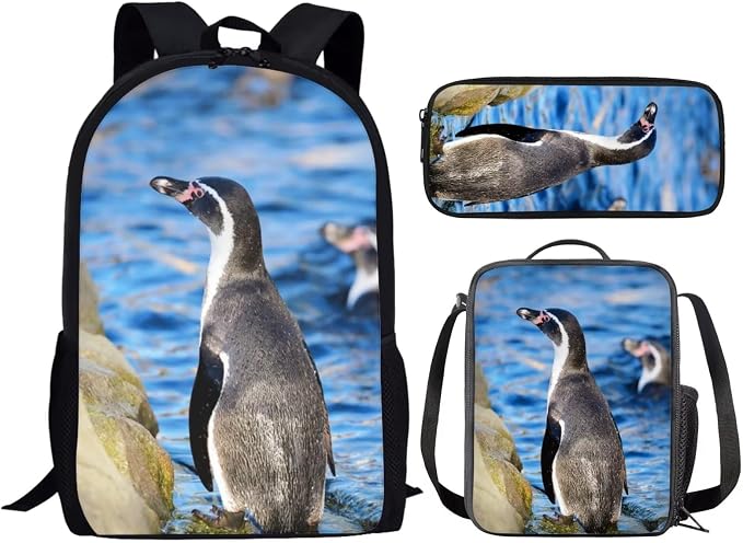 Kids Novelty Animal Backpack and Lunch Box for Boys Girls Student Lightweight 17 Inch School Humboldt Penguin Backpack with Lunch Bag Pencil Case Kids Comfy Padded Black Large Bookbag - Image 2