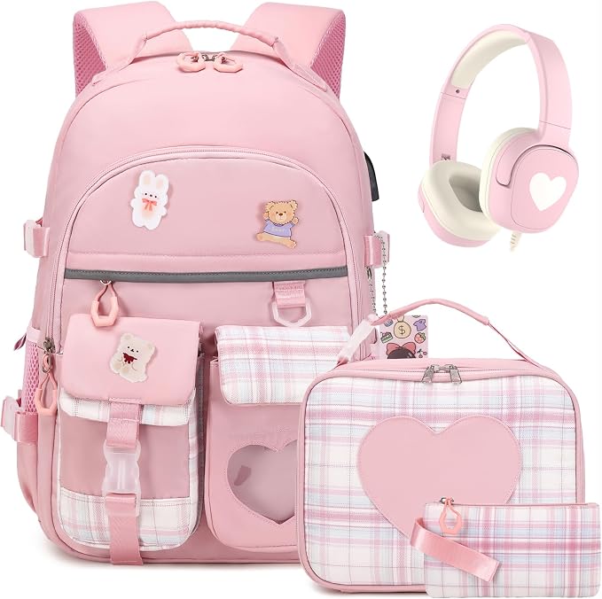 ACESAK Backpack for Girls with Headphones - Girls Backpack with Lunch Box, Pencil Case & Kids Headset - 3.5mm Wired Headphones for School Bookbag Schoolbag Set Back To School Gift (Pink) by ACESAK