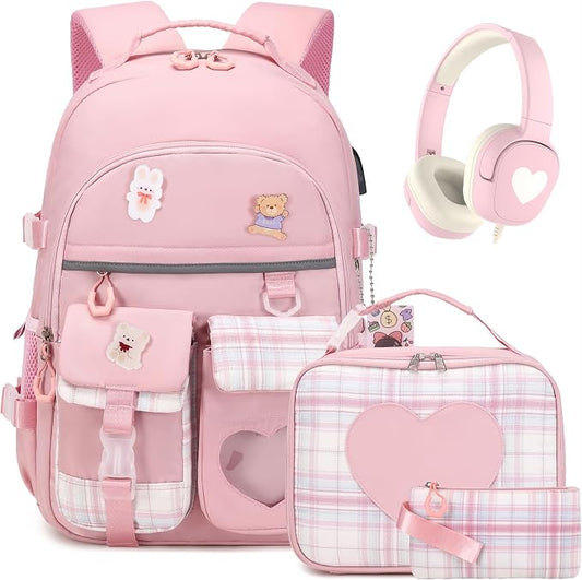 ACESAK Backpack for Girls with Headphones - Girls Backpack with Lunch Box, Pencil Case & Kids Headset - 3.5mm Wired Headphones for School Bookbag Schoolbag Set Back To School Gift (Pink) by ACESAK