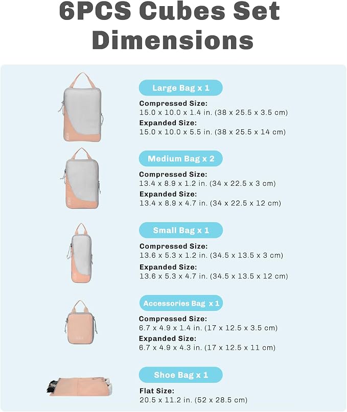 Hynes Eagle 6 Set/ 4 Set/ 2 Set Compression Packing Cubes Travel Essentials Lightweight Nylon Luggage Suitcase Organizer Bag Light Pink 6PCS - Image 2