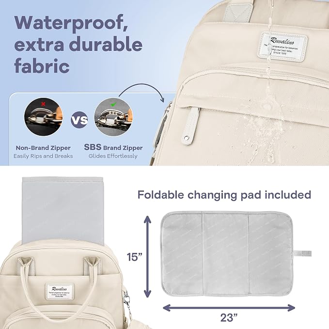 RUVALINO Diaper Bag Backpack-Multifunction Baby Travel Bag with Changing pad, Insulated Bottle Holders & Pacifier Case, Large Capacity, Waterproof, Beige - Image 4