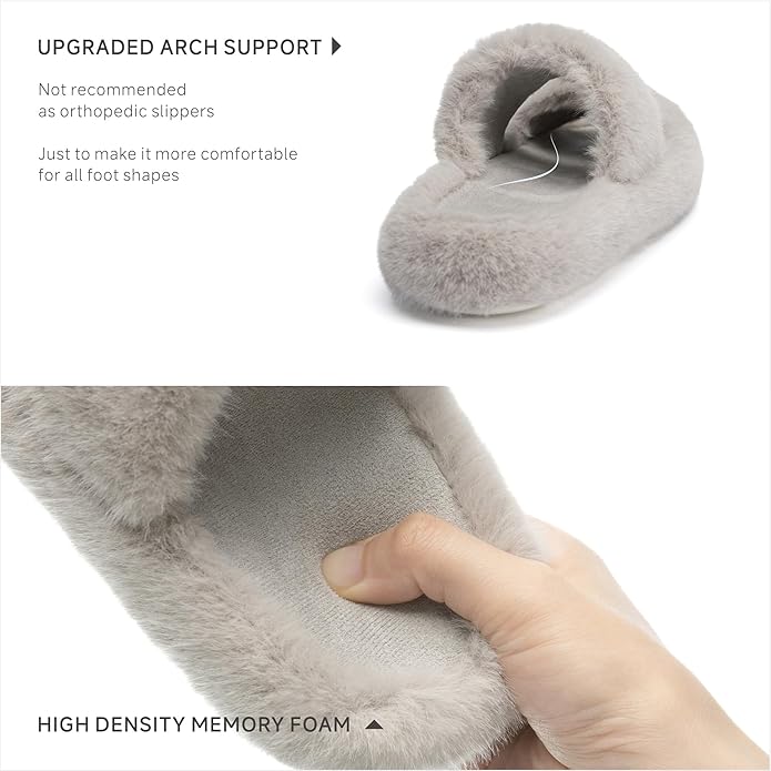 Chantomoo Women's Memory Foam Fuzzy Comfy Faux Fur House Shoes - Furry Bedroom Indoor Open Toe Slippers with Two Bands - Trendy Gift Slippers