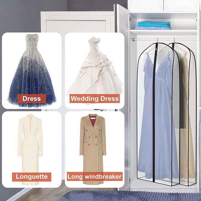 Zilink Breathable Dress Bags for Gowns Long 72” Wedding Dress Storage Bags Silky Dress Bags for Closet Storage with 7" Gussted Wrinkle Free for Long Evening Dresses Puffy Dress Storage, Set of 2 - Image 5
