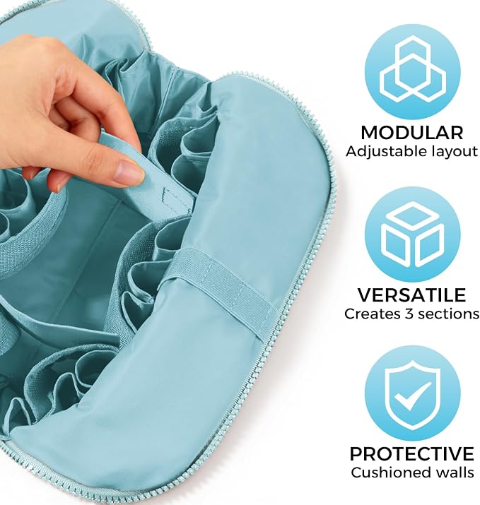 Travel Makeup Organizer Bag with Fold-Down Design and Adjustable Dividers, 27 Pockets & 3 Brush Storage Holders, Large Capacity Cosmetic Bags Toiletry Case - Light blue - Image 4