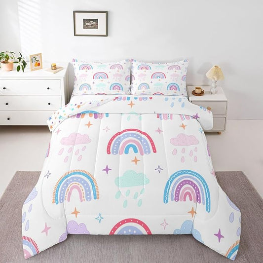 Rainbow Comforter Set For Kids, Pink Love Heart Duvet Insert King Size, Kawaii Clouds Quilted Duvet For Girls Boys Children Bedroom Decor, Hand Drawn Iridescent Stripes Quilt, White Pink Blue by Erosebridal
