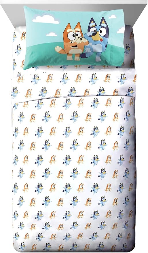 Jay Franco Kids Sheet Set with Fitted, Flat Sheets & Pillow Cover - Ultra-Soft Bedding with Pillowcase for Room Decor, White - Bluey, 3 Piece Twin by JayFranco