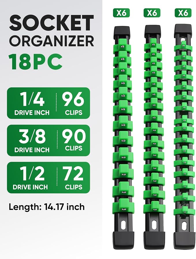 ALOANES 18PC Socket Organizer, Socket Rails Fit 1/2", 1/4" and 3/8" Drive | Portable Heavy Duty ABS Socket Holders Hold up 258 Sockets for Toolbox Drawer Bags(Green) - Image 2