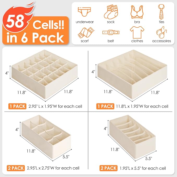 Criusia 6 Pack Sock Underwear Drawer Organizer Dividers, 58 Cell Foldable Fabric Dresser Closet Organizers and Storage Bins for Clothing, Baby Clothes, Bra, Panty, Scarf, Ties (Beige) - Image 4