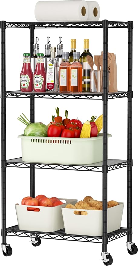 Golpart 4 Tier Shelves Storage Shelf Wire Closet Bathroom Organizers Metal Pantry Kitchen Garage Shelving Unit Laundry Room Organization Home Rack Net Basket Black with Wheels 14”D X 24”W X 48.9”H by Golpart