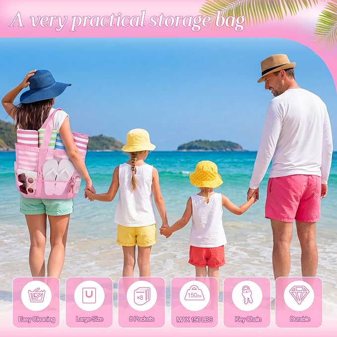 Hillban Large Beach Mesh Bags Bulk for Women Beach Tote Bag with 8 Pocket Zipper Waterproof Sandproof for Pool Cruise Ship - Image 5