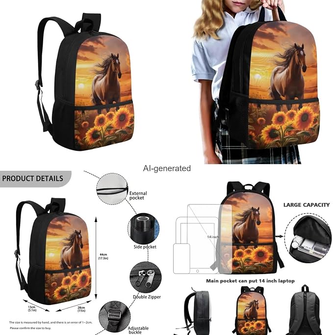 Sunflower Horse Backpack for Girls Kids Backpack with Lunch Box Water Bottle Carrier with Strap and Soft Pencil Case 4PCS Set Bookbag with Front Pocket for School Teens 17" Large School Bag - Image 3