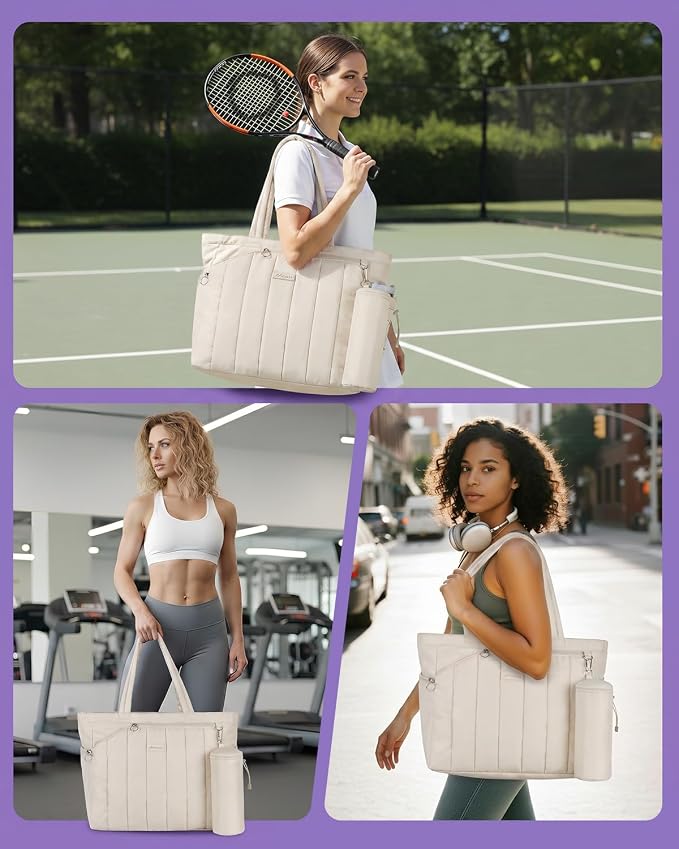 Quilted Tennis Tote Bag for Women Gym Duffle Bag with Shoe Compartment & Wet Pocket Fits 2-4 Rackets and 15.6" Laptop Overnight Weekend Sports Bag with Fence Hook(Large size) - Image 6