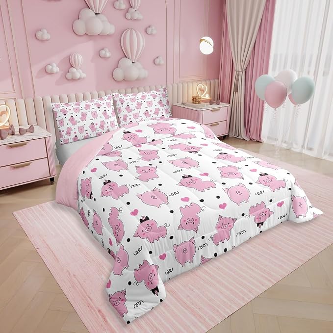 Erosebridal Pink Pig Comforter Set for Girls Kawaii Room Decor Full,Cute Pigs Bedding Set for Kids Boys Children Farm Animal Quilted Duvet Sets Cartoom Style Soft Lightweight Down Comforter 3 Pcs - Image 2