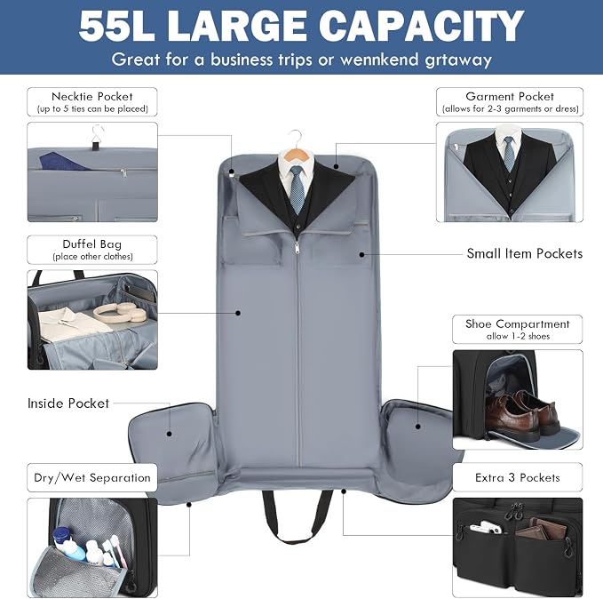 Convertible Garment Duffle Bags for Travel, Garment Bag with Shoe & Laptop Compartment, 2 in 1 Carry on Suit Garment Bags for Men Women, All in One Hanging Suit Travel Bag for Airplanes, 55L - Image 3
