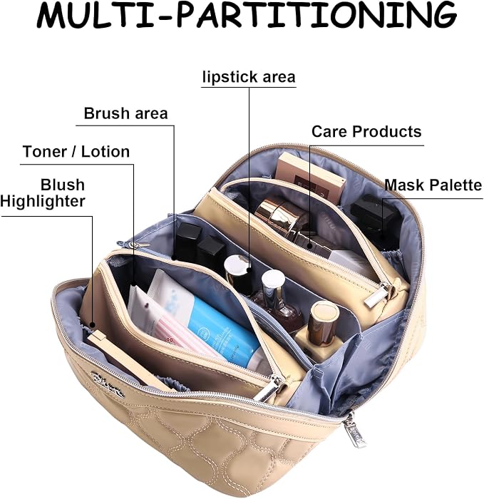BOYATU Travel Makeup Bags for Women Cosmetic Bag: Puffy Make up Bags Set of 3 - Vegan Leather Makeup Organizer - Waterproof Large Toiletry Bag with Compartments - Travel Essentials (H-2-Khaki) - Image 3